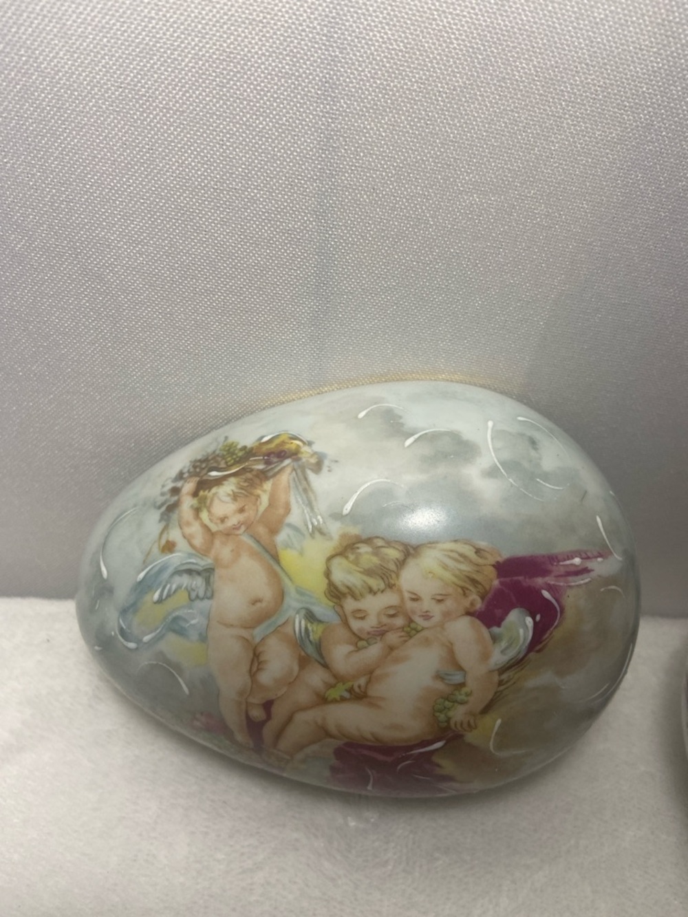 Limoges Fontanille & Marraud  porcelain egg shaped trinket box 3 cherub  France
